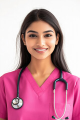 Wall Mural - young Indian female doctor standing on white background