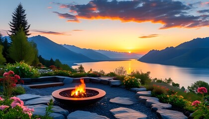 Wall Mural - Serene sunset over mountains and a calm lake from a garden patio adorned with flowers and a cozy fire pit