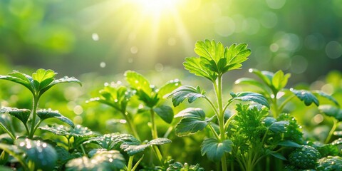 Fresh green herbs in the early morning sunlight with dew drops, herbs, ros?e, fresh, green, morning, sunlight