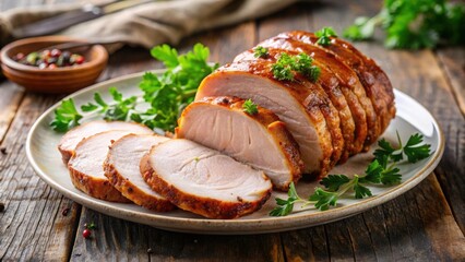 Sliced roasted pork loin with parsley garnish on a plate, pork loin, roasted, sliced, parsley, garnish, meat, dish