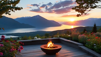 Wall Mural - Serene sunset over mountains and a calm lake from a garden patio adorned with flowers and a cozy fire pit