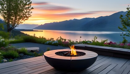 Wall Mural - Serene sunset over mountains and a calm lake from a garden patio adorned with flowers and a cozy fire pit