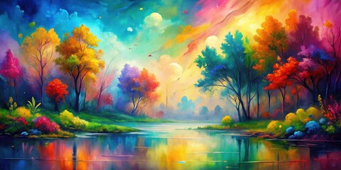 Colorful, vibrant and abstract nature painting with bright multicolored background, abstract, colorful, vibrant, painting