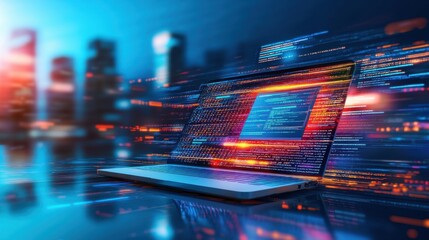 a vibrant, futuristic laptop emits colorful data streams, symbolizing digital connectivity amidst a 