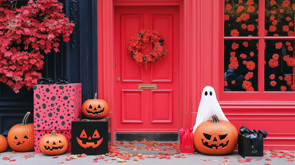 Wall Mural - A striking red door is framed by colorful Halloween decorations, including carved pumpkins, a friendly ghost, and seasonal wreaths, creating a festive atmosphere for all ages