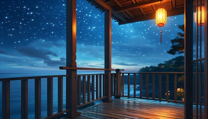 Enchanting evening ambiance of glowing lanterns on a wooden balcony beneath a starry sky and a tranquil ocean backdrop