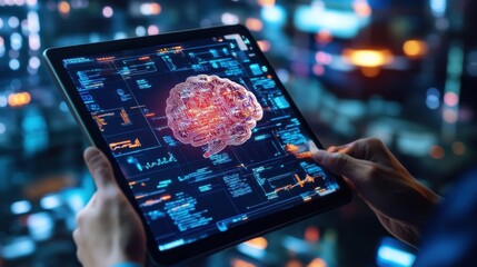 Wall Mural - A hand holds a tablet displaying a digital brain graphic, surrounded by data visuals, against a blurred city backdrop, symbolizing technology and innovation.