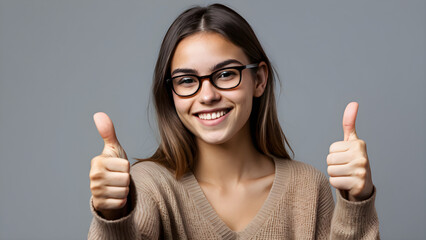 On a solid color background, a young woman with eyes raised her thumb