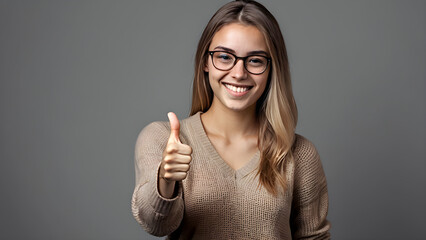 On a solid color background, a young woman with eyes raised her thumb