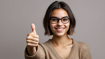 On a solid color background, a young woman with eyes raised her thumb