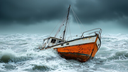 A small orange boat battles rough seas under a stormy sky, showcasing the power of nature and human resilience.