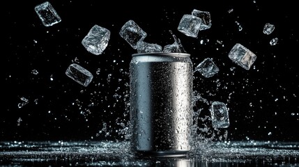 Wall Mural - Aluminum can with flying ice cubes and a splash effect, set against a black background for a cool, refreshing vibe