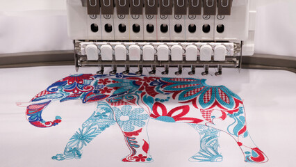 Poster - industrial sewing embroidery machine in fashion factory