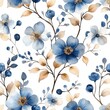 © Visual Sameer - Floral seamless pattern with abstract blue and beige flowers, delicate branches and leaves. Watercolor print isolated on white background for textile or, Generative AI