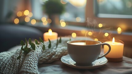 cup of tea with burning candles in cozy home