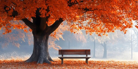 autumn scene with a large tree whose leaves are a blend of vibrant orange and soft pink hues. Underneath the tree, place a cozy wooden bench