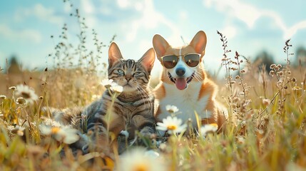 fashionable couple corgi dog and striped cat sit on a summer sunny meadow in sunglasses glasses