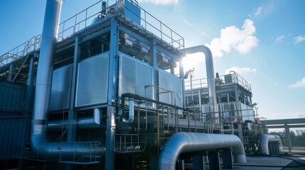 a large industrial plant with two tall towers and a lot of pipes