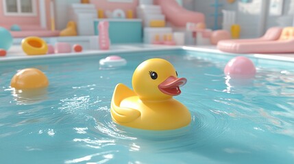 Cheerful Yellow Rubber Duck Floating in Clear Water