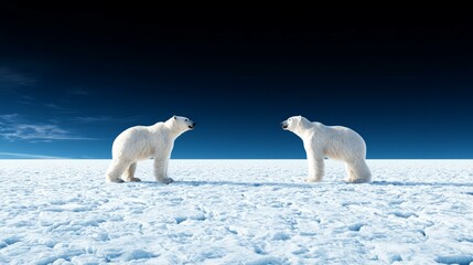 Two polar bears communicating on a vast ice landscape, clear blue sky above.