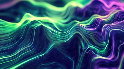 Dynamic lines and fluid shapes in green and violet, abstractly conveying data science analysis using Julia programming