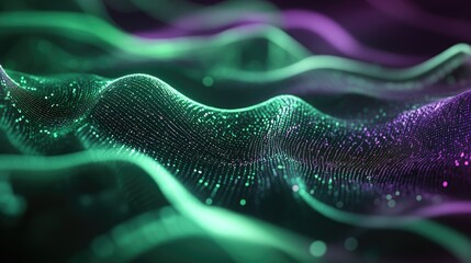 Dynamic lines and fluid shapes in green and violet, abstractly conveying data science analysis using Julia programming