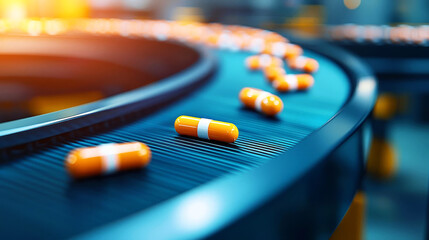 Closeup of conveyor belts transporting pharmaceutical capsules in a brightly lit logistics warehouse, symbolizing precision in medicine