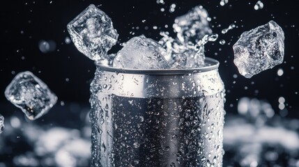 Wall Mural - Empty aluminum can mockup with ice cubes flying and water splashing, set against a dramatic black backdrop