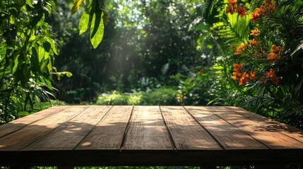 Canvas Print - Empty wooden table in a lush backyard with plants and flowers, perfect for outdoor gatherings and celebrations