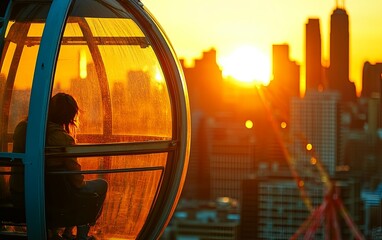 A person enjoys a sunset view from a gondola, overlooking a city skyline illuminated by warm golden light.