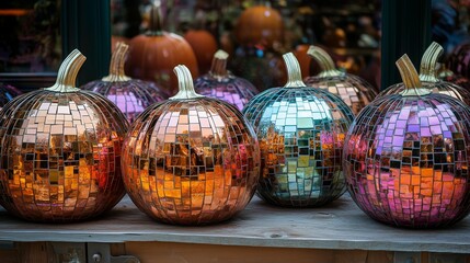 Glamorous reflective disco ball pumpkins featuring intricate tile work, ideal for creating a fun and festive ambiance during seasonal gatherings