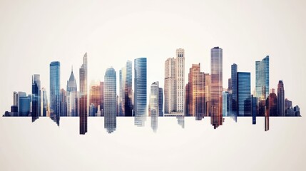 A vector skyline illustration featuring a range of modern skyscrapers, showcasing diverse architectural styles against a light background.