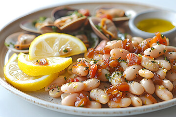 Close-up of a Mediterranean dish with marinated white beans, lemon slices, and steamed clams, garnished with herbs and served with olive oil