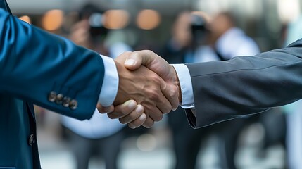 Signing of major business merger, CEOs shaking hands: The CEOs of two major companies shake hands in front of cameras and legal documents, marking the successful signing of a significant business 