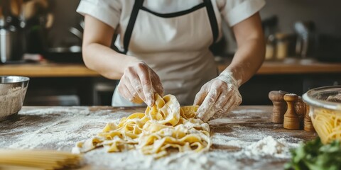 A chef skillfully prepares fresh pasta on a wooden kitchen countertop, showcasing culinary art and dedication to Italian cuisine.