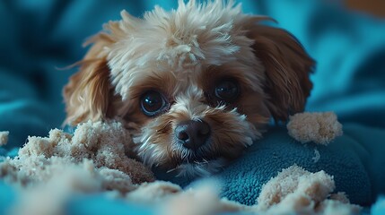 A small, fluffy dog resting comfortably on a soft blue blanket.