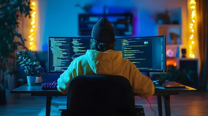 Young male programmer working late at night on dual monitors with vibrant lighting.