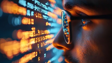 Close-up of a male South Asian programmer analyzing code on a screen with focused gaze.