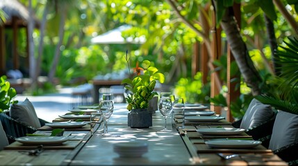 Poster - Maldives outdoor restaurant table at herbs vegetable chefs garden for family group dining set up al fresco outdoor dining with concrete table at luxury hotel resort