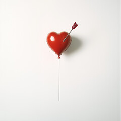 Red heart shaped balloon with cupid arrow on white background. Love concept. Flat lay.