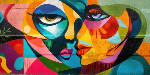 Vibrant mural depicting two expressive faces, rich in color and abstract emotion, perfect for art and culture themes.