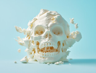 Wall Mural - A meringue  in the shape and face of an evil skull, against a pastel blue background.Minimal creative Halloween food holiday concept.Copy space,flat lay.