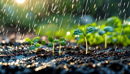 Wall Mural - Springtime gardening bliss with tender seedlings nestled in moist earth, embraced by a gentle rain shower