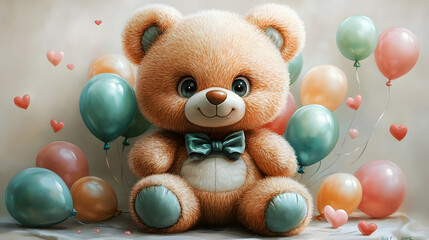 Sticker - Cute Teddy Bear with Balloons and Hearts - Adorable Plush Toy with Festive Decor