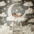 © zchris22 - Neonato dorme su luna con sfondo di nuvole e stelle.