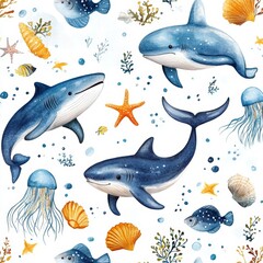 Watercolor seamless pattern with underwater world Bright fish, whale, shark dolphin starfish animals. Jellyfish seashells. Sea and ocean fish life, Generative AI