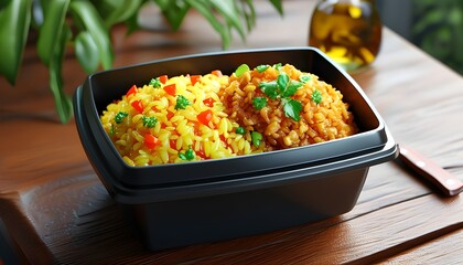 Wall Mural - 3D fried rice icon in stylish black plastic box showcasing cute delivery service design and AI-driven culinary innovation