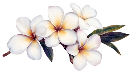 Wall Mural - Watercolor plumeria, soft white petals, isolated on white, gentle brushstrokes, tropical floral design., ready to bring joy to any space , cartoon drawing, water color style