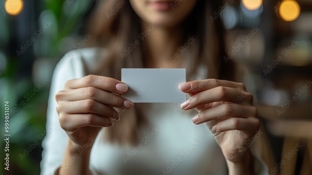 Woman Holding Blank Card in Modern Cafe Setting