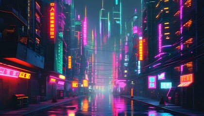 Wall Mural - Neon-lit cyberpunk cityscape teeming with diverse objects and futuristic elements, brought to life by AI generative technology in a vibrant dystopian setting